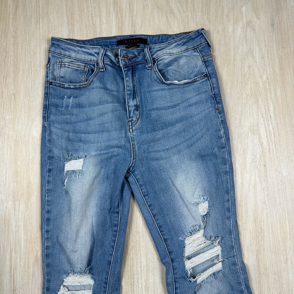 Risen Distressed High Rise Shredded Knee Grunge Edgy Cropped Boot Denim Jeans 30 - Picture 2 of 16